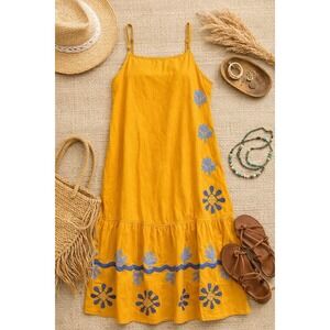 Zara MIDI Dress L Mustard Yellow Boho Blue Applique Strappy Tiered Cotton Linen